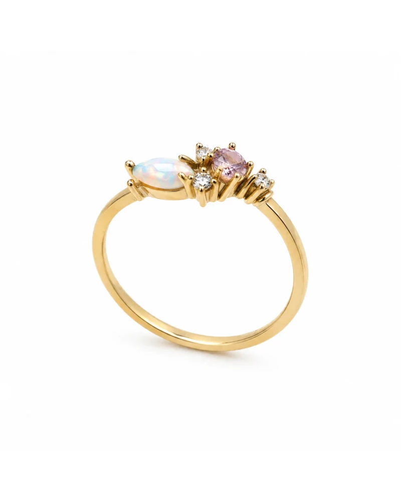 Opal ve Pembe Taşlı Tasarım Altın Yüzük